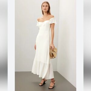 Reformation Butterfly Dress Size 6 Cream Off-Shoulder Midi Dress Ruffle Hem